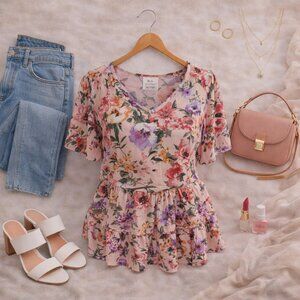 💚 Ava James Floral Peplum Blouse Size M Pink Purple Floral Top NEW